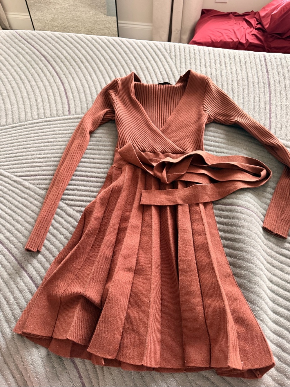 Long Sleeve Wrap Knit Dress in Terracotta